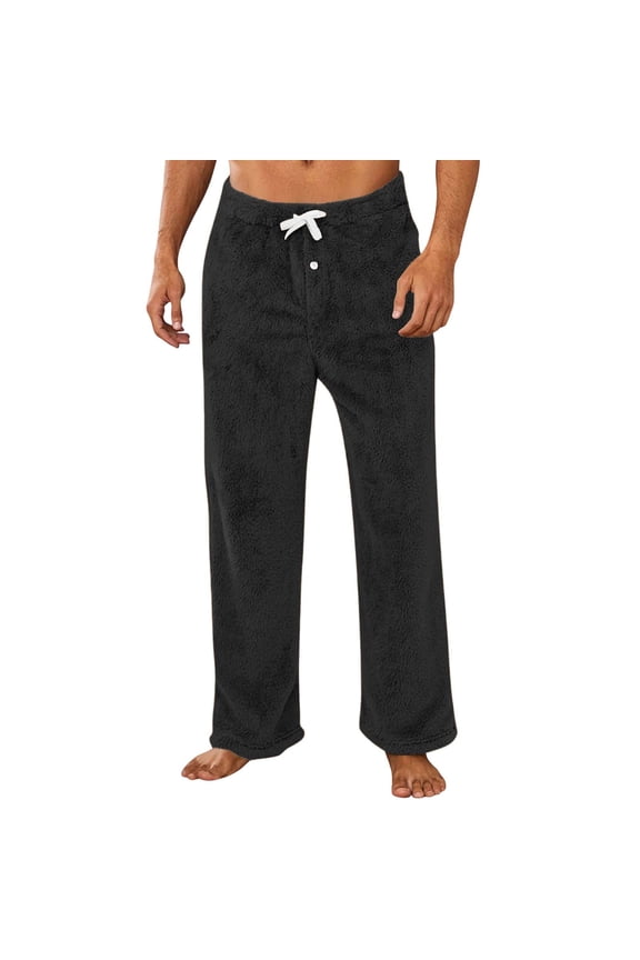 Mens Fuzzy Pajama Pants Winter Soft Cozy Fleece Warm Pj Pant Solid Loose Elastic Waisted Drawstring Plush Lounge Pant with Pockets