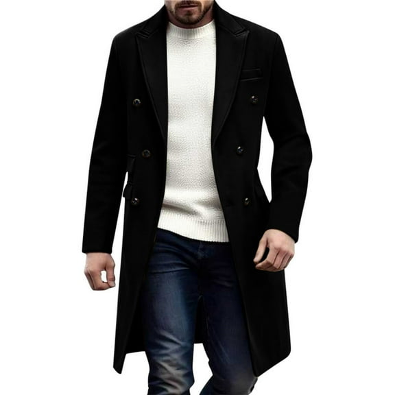 Gytharion Mens Long Wool Blend Jackets Loose Comfy Notch Collar Trench Coat Fashion Solid Long Sleeve Double-Breasted Business Casual Overcoat Winter Warm Wooled Peacoat with Pocket
