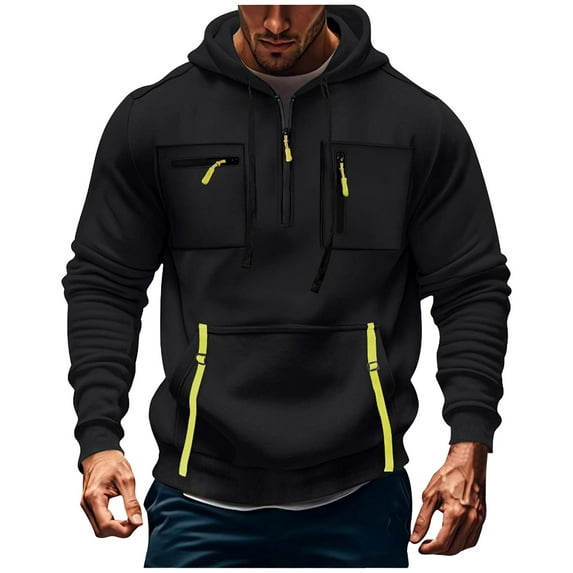 Gytharion Mens Multi Pockets Cargo Sweatshirts Fashion Casual Half Zip Drawstring Hooded Sweatshirts Lightweight Loose Long Sleeve Outdoor Hiking Pullover Hoodies for Men