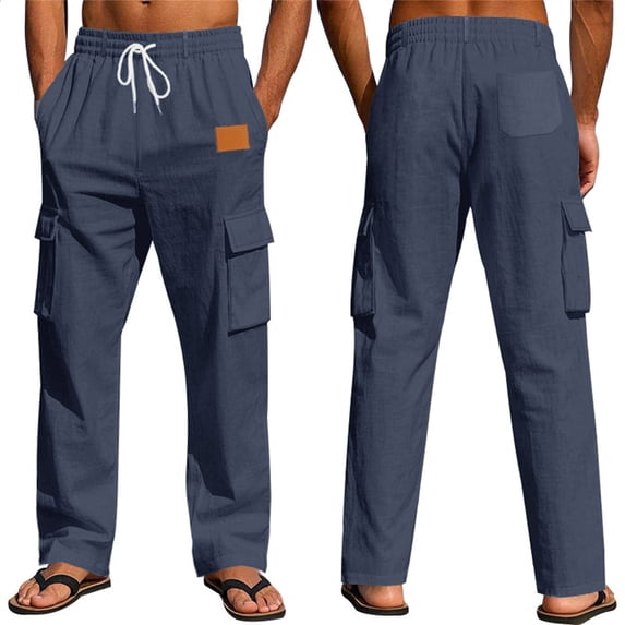 Gytharion Mens Solid Color Cargo Pants Elastic Waist Drawstring Multiple Pockets Casual Trousers For Daily Outdoor Wear Fashionable Cotton Linen Pants