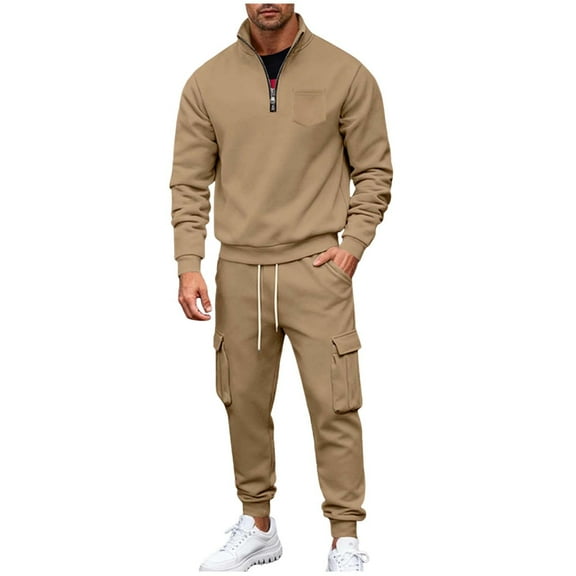 Gytharion Mens Sweatsuits 2 Piece Outfits Half Zip Pullover Stand Collar Sweatshirt and Cargo Sweatpants Sets Fall Winter Loose Cozy Long Sleeve Tracksuits with Multi-Pockets