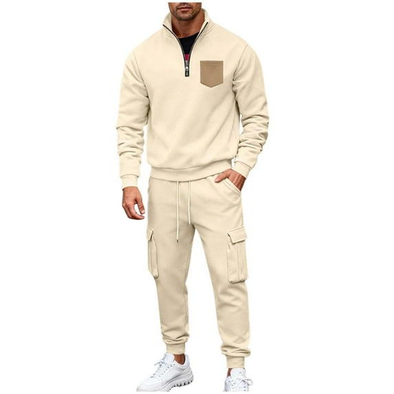 Gytharion Mens Sweatsuits 2 Piece Outfits Half Zip Pullover Stand Collar Sweatshirt and Cargo Sweatpants Sets Fall Winter Loose Cozy Long Sleeve Tracksuits with Multi-Pockets