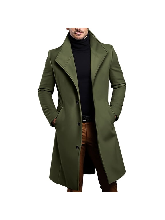 Mens Wool Blend Long Coat Winter Soft Cozy Notched Lapel Trench Coat Fashion Solid Casual Single-Breasted Pea Coat Lightweight Loose Long Sleeve Woolen Overcoat with Pockets