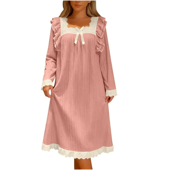 Gytharion Mid-Length Nightgowns for Women Plus Size Cute Solid Bow Lace Square Neck Sleepdress Loose Comfy Long Sleeve Pullover Sleepwear Flowy Ruffled Hem Nightdress