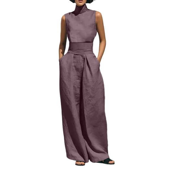 Gytharion Outfits for Women Summer Cotton Linen Casual 2 Piece Sets Stand Collar Sleeveless Tops with High Waist Loose Wide-leg Long Pants