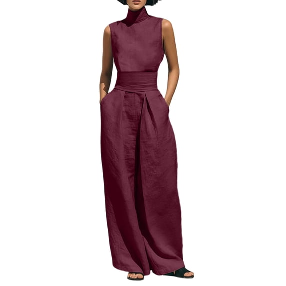 Gytharion Outfits for Women Summer Cotton Linen Casual 2 Piece Sets Stand Collar Sleeveless Tops with High Waist Loose Wide-leg Long Pants