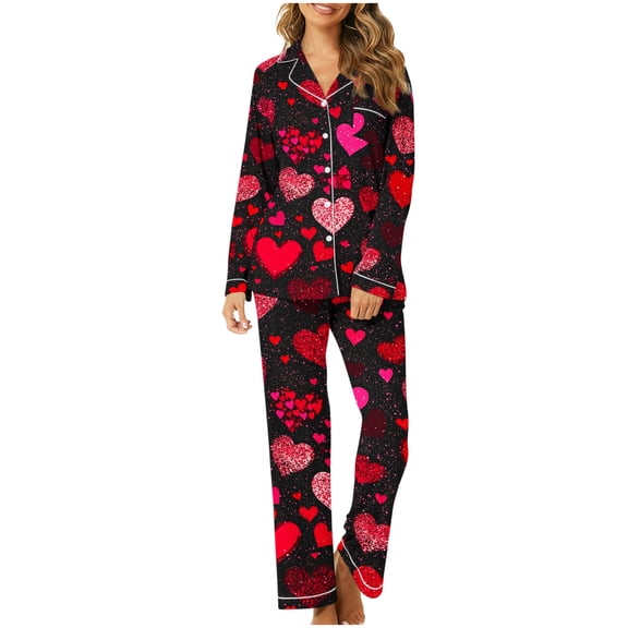 Gytharion Pajama Sets for Women Cute Heart Print Sleepwear Sets 2 Piece Loungewear Outfits Long Sleeve Button Down Lapel Top and Elastic Waist Pants Soft Comfy Pj Sets with Pockets