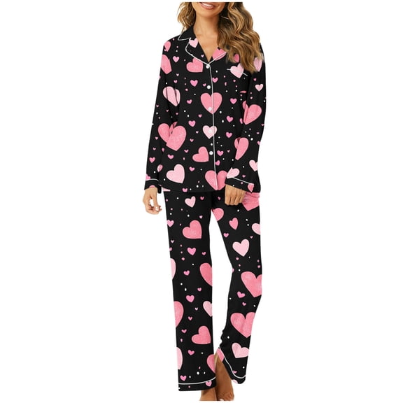 Gytharion Pajama Sets for Women Cute Heart Print Sleepwear Sets 2 Piece Loungewear Outfits Long Sleeve Button Down Lapel Top and Elastic Waist Pants Soft Comfy Pj Sets with Pockets