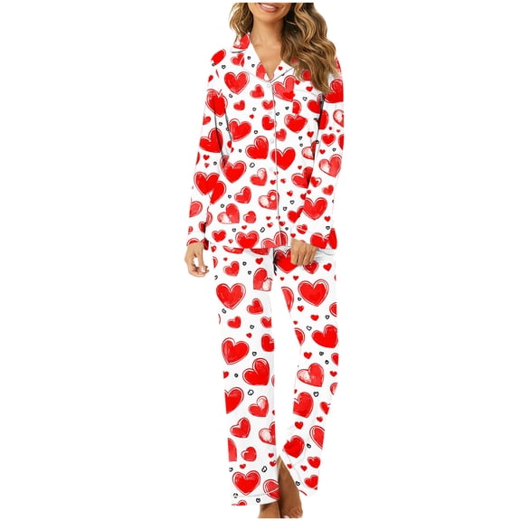 Gytharion Pajama Sets for Women Cute Heart Print Sleepwear Sets 2 Piece Loungewear Outfits Long Sleeve Button Down Lapel Top and Elastic Waist Pants Soft Comfy Pj Sets with Pockets