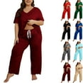 thumbnail image 1 of Gytharion Pajama Sets for Women Plus Size Soft Comfy Short Sleeve V-Neck Pj Top and Pants Lounge Sets Summer Solid Casual 2-Piece Sleepwear Outfits, 1 of 5