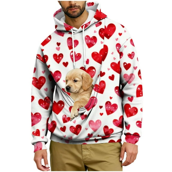 Gytharion Pet Pouch Hoodies for Men Trendy Heart Print Dogs Pouch Hooded Sweatshirts Loose Comfy Long Sleeve Pullover Tops for Valentine's Day