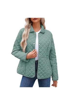 Plus Size Puffer Jackets for Women Lightweight Casual Quilted Jacket Trendy Solid Long Sleeve Lapel Winter Coat Loose Cozy Snap Button Down Outerwear with Pockets