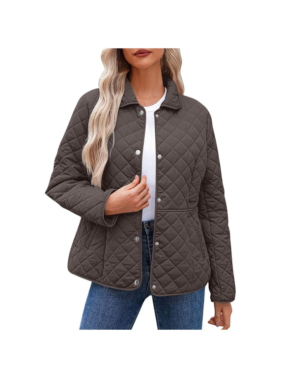 Plus Size Puffer Jackets for Women Lightweight Casual Quilted Jacket Trendy Solid Long Sleeve Lapel Winter Coat Loose Cozy Snap Button Down Outerwear with Pockets