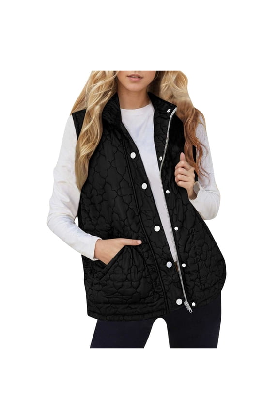 Plus Size Puffer Vests for Women Lightweight Casual Sleeveless Quilted Jacket Trendy Solid Stand Collar Winter Coat Loose Cozy Snap Zip Up Outerwear with Pockets