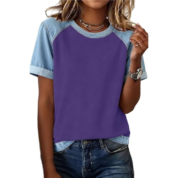 Gytharion Plus Size T-Shirts for Women Imitation Denim Casual Crew Neck Tee Shirts Raglan Short Sleeve Summer T-Shirts Blouses