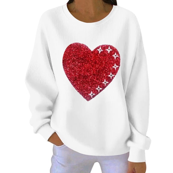 Gytharion Plus Size Valentine's Day Sweatshirts for Women Loose Comfy Ribbed Knit Top Long Sleeve Round Neck Pullover Shirt Ladies Cute Heart Print Holiday Blouses