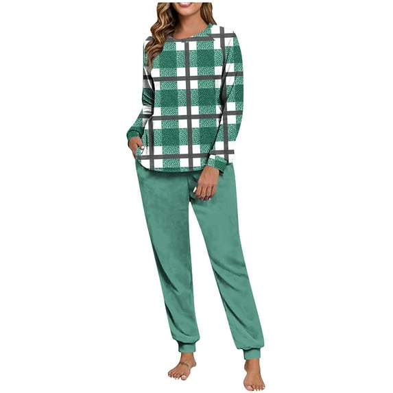 Gytharion Plush Pajamas Sets for Women Fashion Plaid Ptint Long Sleeve Crew Neck Sleepwear and Joggers 2 Piece Loungewear Sets Winter Fuzzy Fleece Warm Pj Sets with Pockets
