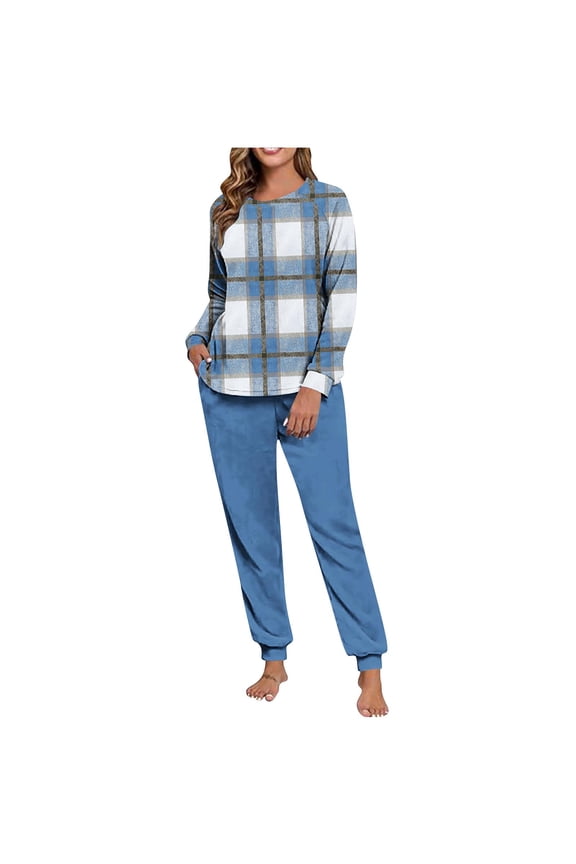 Plush Pajamas Sets for Women Fashion Plaid Ptint Long Sleeve Crew Neck Sleepwear and Joggers 2 Piece Loungewear Sets Winter Fuzzy Fleece Warm Pj Sets with Pockets
