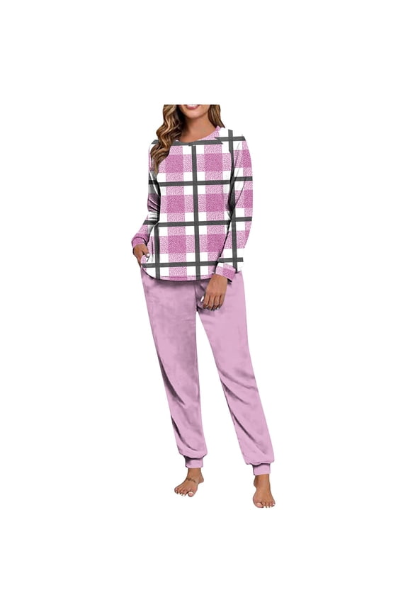 Plush Pajamas Sets for Women Fashion Plaid Ptint Long Sleeve Crew Neck Sleepwear and Joggers 2 Piece Loungewear Sets Winter Fuzzy Fleece Warm Pj Sets with Pockets