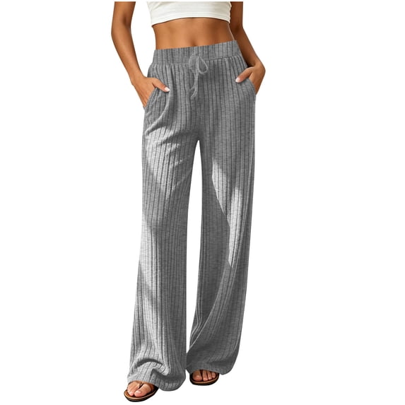 Gytharion Ribble Knitted Lounge Pants for Women Soft Comfy Slacks with Pockets Solid Casual Drawstring High Waisted Straight Leg Trousers