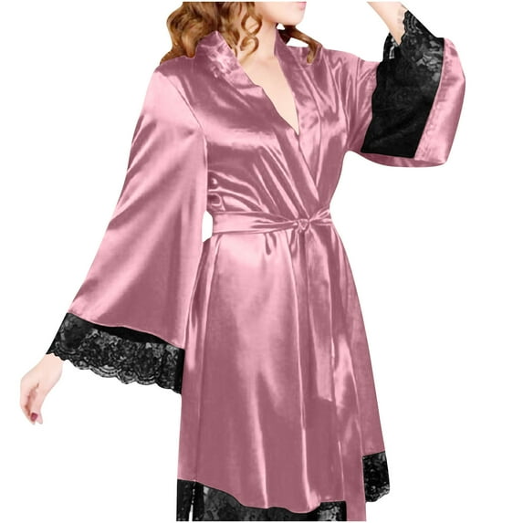 Gytharion Satin Robes for Women Soft Comfy Silk Bathrobe Bridesmaid Wedding Robes Elegant Lace Long Sleeve Belted Nightgown