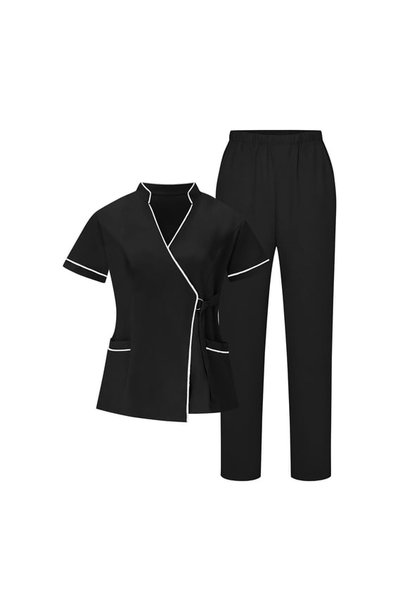 Scrubs Sets for Women Two Piece Medical Workwear Outfits Short Sleeve V-Neck Caregiver Tees and Elastic Waist Pants Womens Plus Size Nursing Uniforms with Pockets