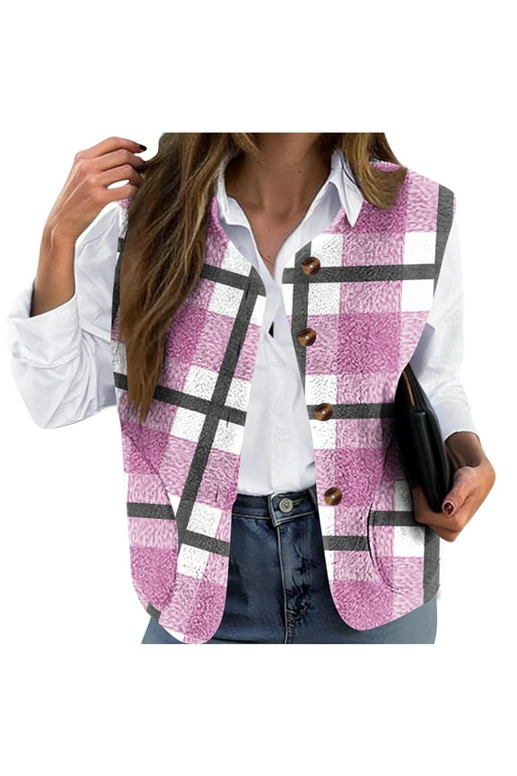 Sherpa Fleece Vests for Women Plus Size Sleeveless Plaid Print Button Down Vest Jacket Lightweight Plush Warm Outerwear Soft Cozy Winter Waistcoat with Pockets