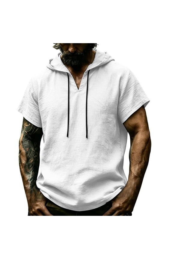 Soild Color V Neck Men's Tops Short Sleeve Hooded T-Shirts Drawstring Lightweight Summer Pullover Shirts