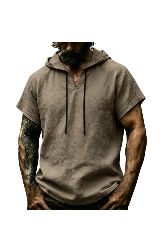 Soild Color V Neck Men's Tops Short Sleeve Hooded T-Shirts Drawstring Lightweight Summer Pullover Shirts