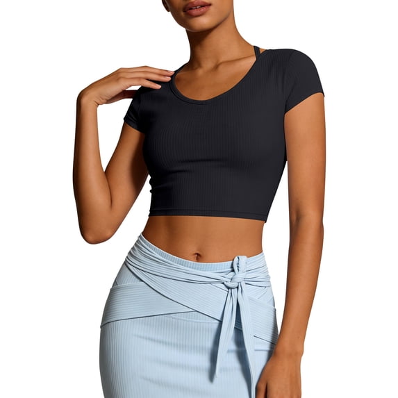 Gytharion Summer Crop Tops for Women Fashion Solid Casual Crew Neck Athletic Sport Tees Soft Comfy Short Sleeve Ribbed Knit Workout T-Shirt