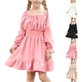 thumbnail image 1 of Gytharion Summer Dresses for Girls Cute Solid Long Sleeve Square Neck Knee-Length Dress Teen Girls Flowy A-Line Ruffle Hem Bell Sleeve Princess Dresses, Size 4-13 Years, 1 of 8