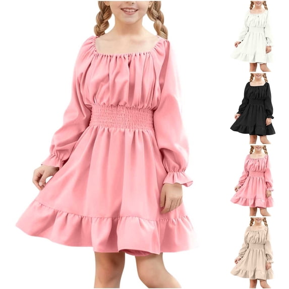 Gytharion Summer Dresses for Girls Cute Solid Long Sleeve Square Neck Knee-Length Dress Teen Girls Flowy A-Line Ruffle Hem Bell Sleeve Princess Dresses, Size 4-13 Years