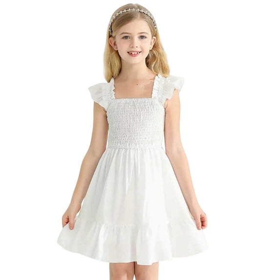 Gytharion Summer Dresses for Girls Cute Solid Square Neck Backless Princess Dress Teen Girls Flowy A-Line Ruffled Swing Sundresses with Flutter Sleeves, Size 2-13 Years