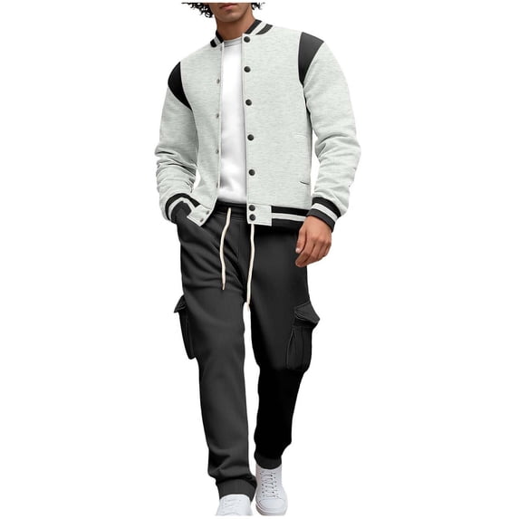Gytharion Sweatsuits for Men 2 Piece Sets Lightweight Casual Long Sleeve Button Down Stand Collar Baseball Jacket and Cargo Joggers Sets Loose Comfy Fleece Track Suits with Pockets