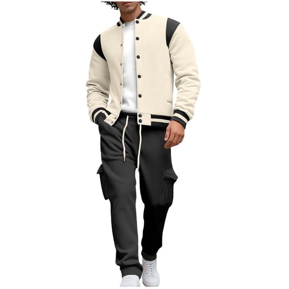 Gytharion Sweatsuits for Men 2 Piece Sets Lightweight Casual Long Sleeve Button Down Stand Collar Baseball Jacket and Cargo Joggers Sets Loose Comfy Fleece Track Suits with Pockets