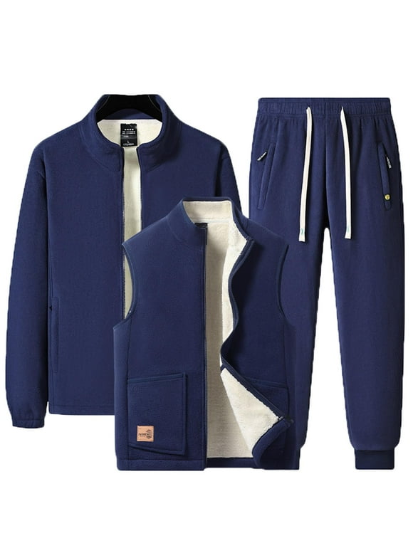 Sweatsuits for Men 3 Piece Winter Outfits Plus Size Fleece Lined Warm Zip Up Stand Collar Jacket Sleeveless Vest and Jogging Sweatpants Set Soft Cozy Tracksuit Sets with Pockets