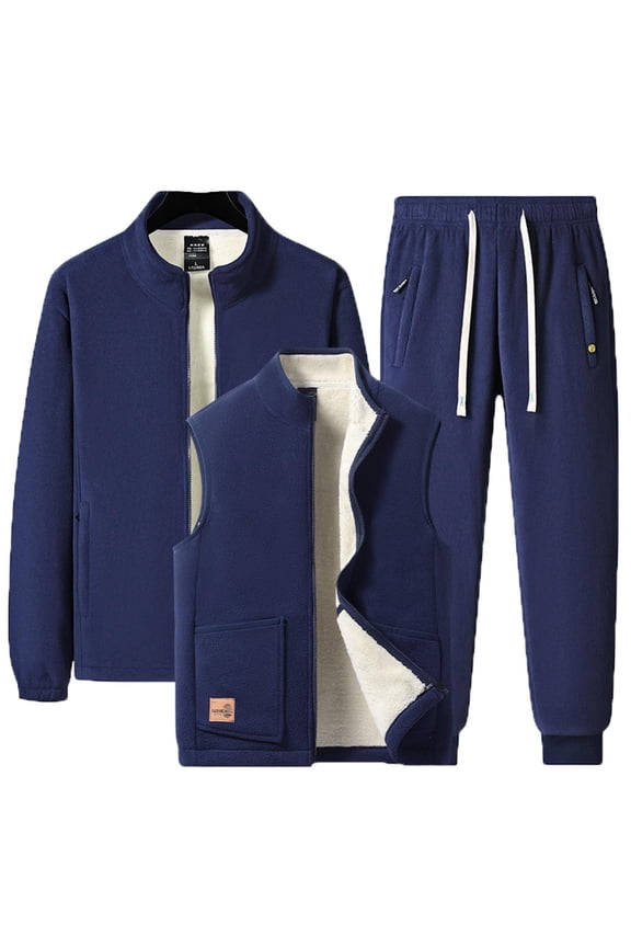 Sweatsuits for Men 3 Piece Winter Outfits Plus Size Fleece Lined Warm Zip Up Stand Collar Jacket Sleeveless Vest and Jogging Sweatpants Set Soft Cozy Tracksuit Sets with Pockets