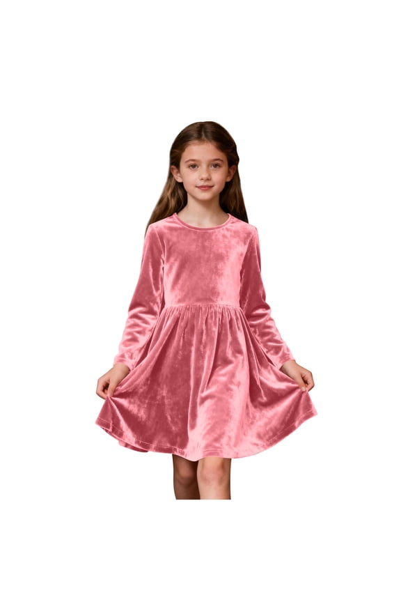 Teen Girls Velvet Dresses Winter Soft Comfy Long Sleeve Crew Neck Holiday Party Dress Flowy A-Line Swing Princess Dresses for Girls, Size 5-15 Years