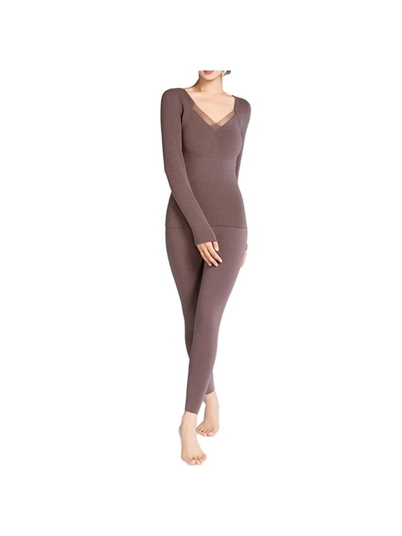Thermal Underwear Sets for Women 2 Piece Warm Long Johns Solid Casual Mesh V-Neck Base Layer Top and Bottom Pajama Sets Soft Comfy Long Sleeve Loungewear Outfits