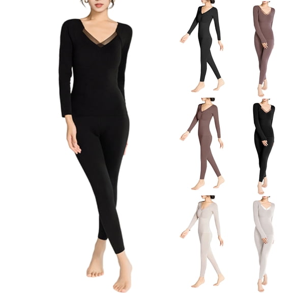 Gytharion Thermal Underwear Sets for Women 2 Piece Warm Long Johns Solid Casual Mesh V-Neck Base Layer Top and Bottom Pajama Sets Soft Comfy Long Sleeve Loungewear Outfits