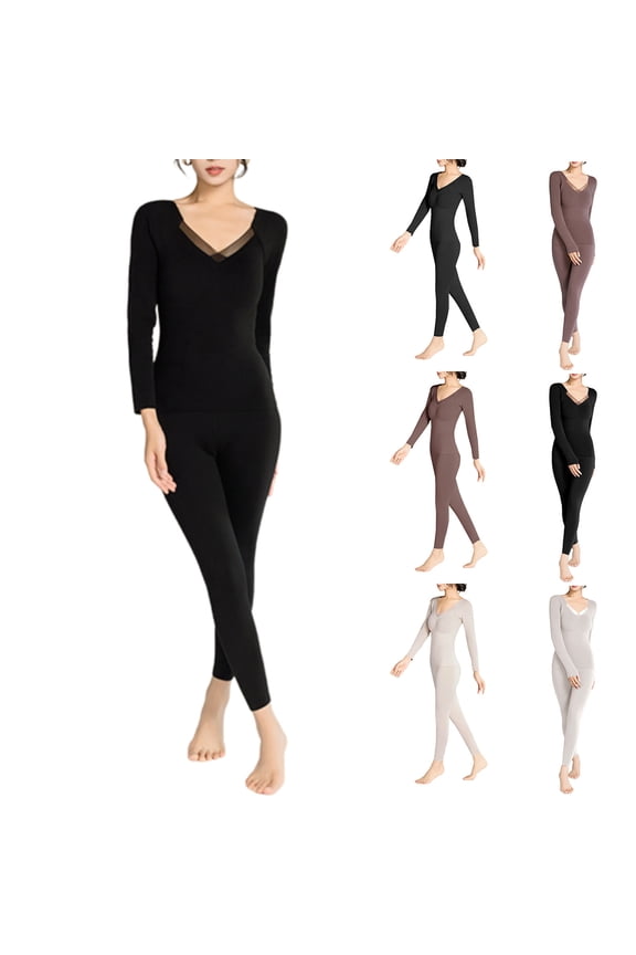 Thermal Underwear Sets for Women 2 Piece Warm Long Johns Solid Casual Mesh V-Neck Base Layer Top and Bottom Pajama Sets Soft Comfy Long Sleeve Loungewear Outfits