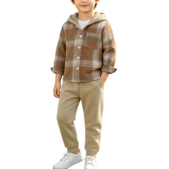 Gytharion Toddler Boys Fall 2PC Outfits Plaid Long Sleeve Button Down Hooded Outwear Tops with Solid Color Cuffed Long Pants Outfits Fashion Casual Sets,3Months-9Years