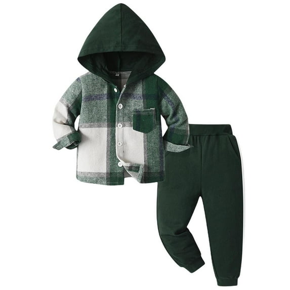Gytharion Toddler Boys Hooded Sweatsuits Sets Cute Casual Plaid Printed Button Down Hoodies and Joggers 2 Piece Outfits Fall Winter Loose Comfy Warm Cotton Tracksuits Sets for Baby Boys, 6M-10Y