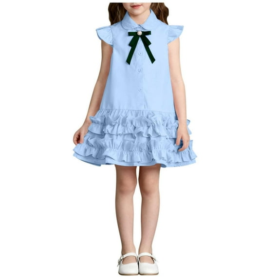 Gytharion Toddler Girls School Uniform Dresses Cute Bow Sleeveless Ruffle Tiered Sundress Stylish Solid Casual Flutter Sleeve Lapel Princess Dresses for Little Girls, 1-10 Years