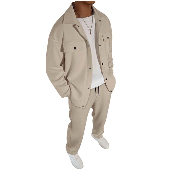 Gytharion Tracksuits for Men 2 Piece Sets Long Sleeve Botton Down Lapel Jacket and Drawstring Sweatpants Sets Loose Casual Waffle Sweatsuits with Pockets
