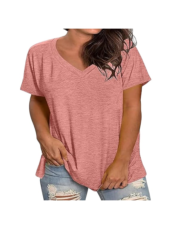 V Neck T Shirts for Women Plus Size Summer Tops Short Sleeve Shirts Solid Color Casual Loose Classic-Fits T-shirts