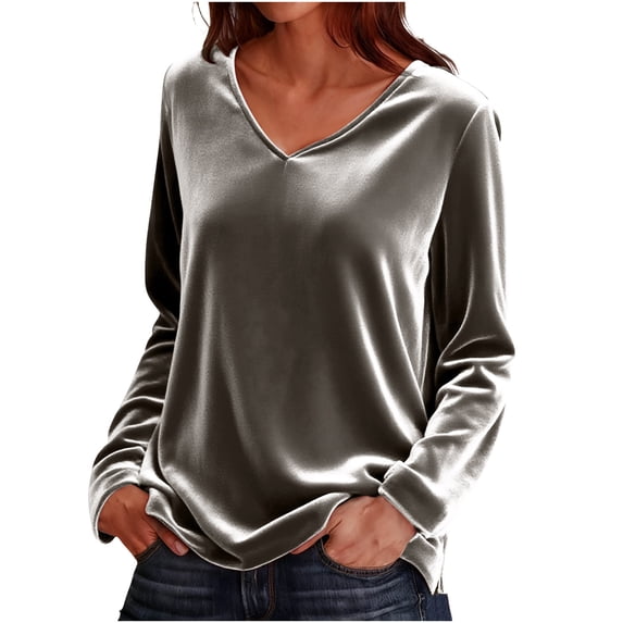 Gytharion Velvet Tops for Women Elegant Solid V-Neck Pullover Shirts Lightweight Business Casual Dressy Blouses Soft Comfy Long Sleeve Velour T-Shirts