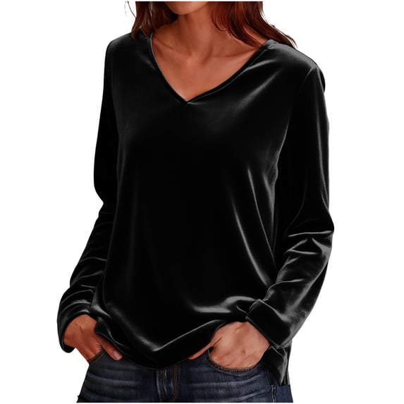 Gytharion Velvet Tops for Women Elegant Solid V-Neck Pullover Shirts Lightweight Business Casual Dressy Blouses Soft Comfy Long Sleeve Velour T-Shirts