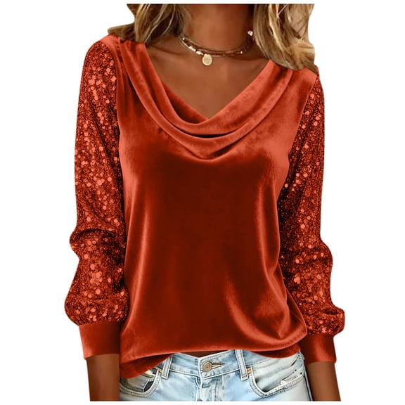 Gytharion Velvet Tops for Women Stylish Solid Long Sleeve Cowl Neck Velour Shirts Elegant Sparkly Sequin Dressy Blouses for Evening Party