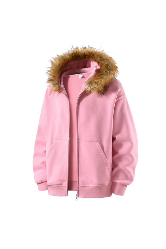 Winter Hoodies for Men Fashion Solid Casual Long Sleeve Full Zip Up Hooded Sweatshirt Loose Cozy Warm Faux Fur Hooded Jacket with Pocket